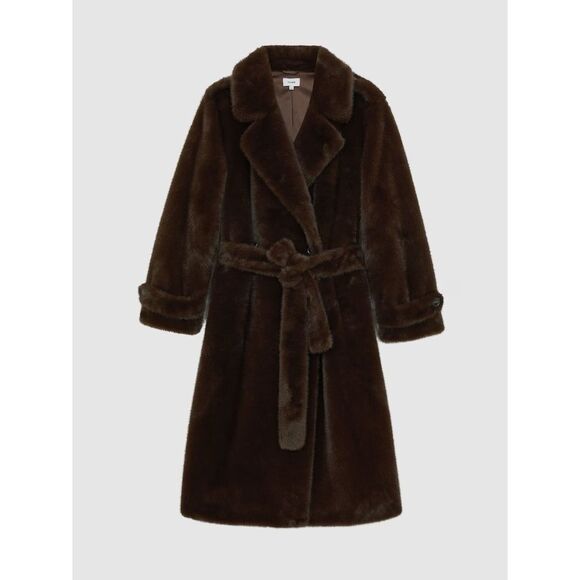 Reiss Jackets & Blazers - Reiss Cate Faux-Fur Long Belted Coat in Chocolate Brown